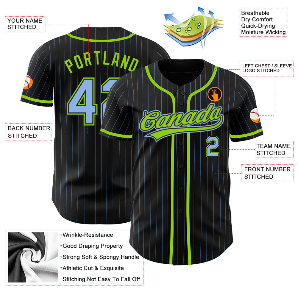 Custom Black Light Blue Pinstripe Light Blue-Neon Green Authentic Baseball Jersey - Sky-Custom