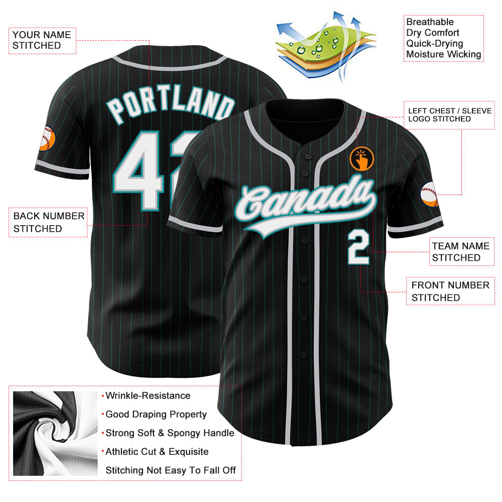 Custom Black Teal Pinstripe White-Gray Authentic Baseball Jersey - Sky-Custom
