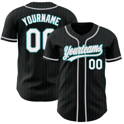 Custom Black Teal Pinstripe White-Gray Authentic Baseball Jersey - Sky-Custom