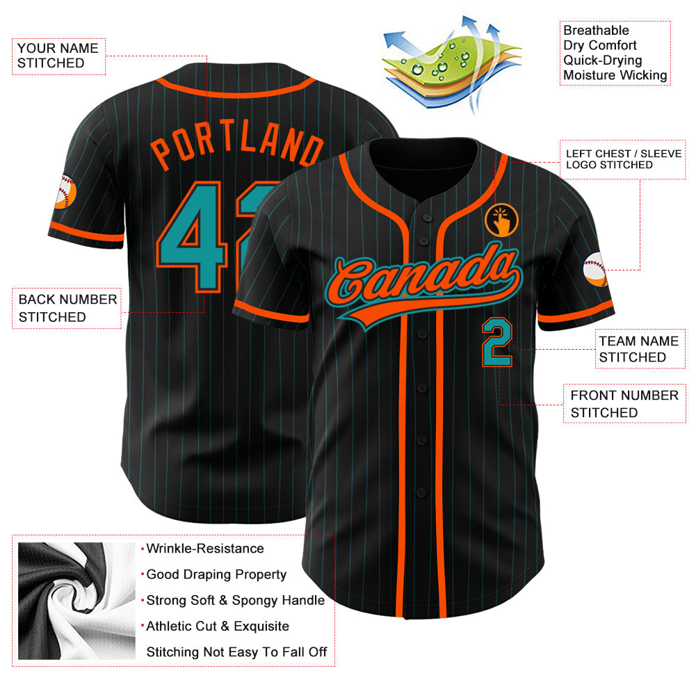Custom Black Teal Pinstripe Teal-Orange Authentic Baseball Jersey - Sky-Custom