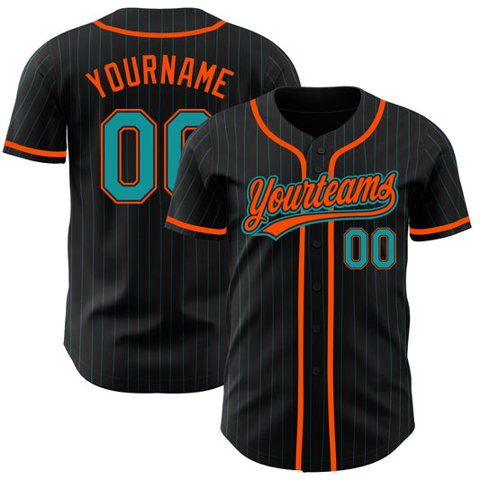 Custom Black Teal Pinstripe Teal-Orange Authentic Baseball Jersey - Sky-Custom