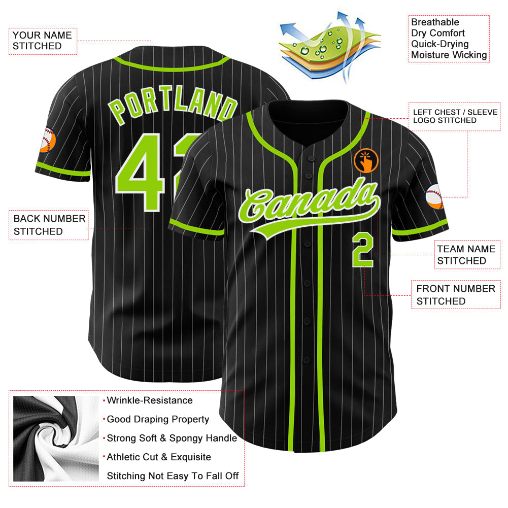 Custom Black White Pinstripe Neon Green Authentic Baseball Jersey - Sky-Custom