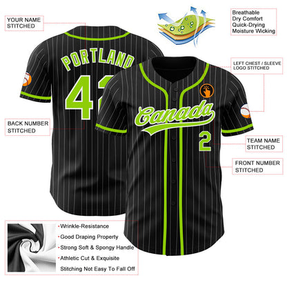 Custom Black White Pinstripe Neon Green Authentic Baseball Jersey - Sky-Custom