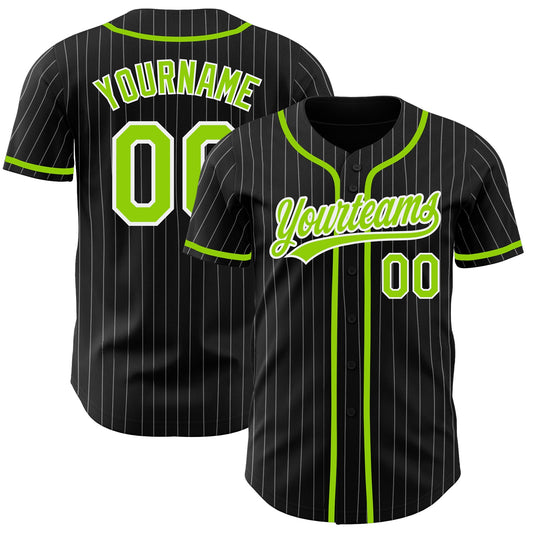 Custom Black White Pinstripe Neon Green Authentic Baseball Jersey - Sky-Custom