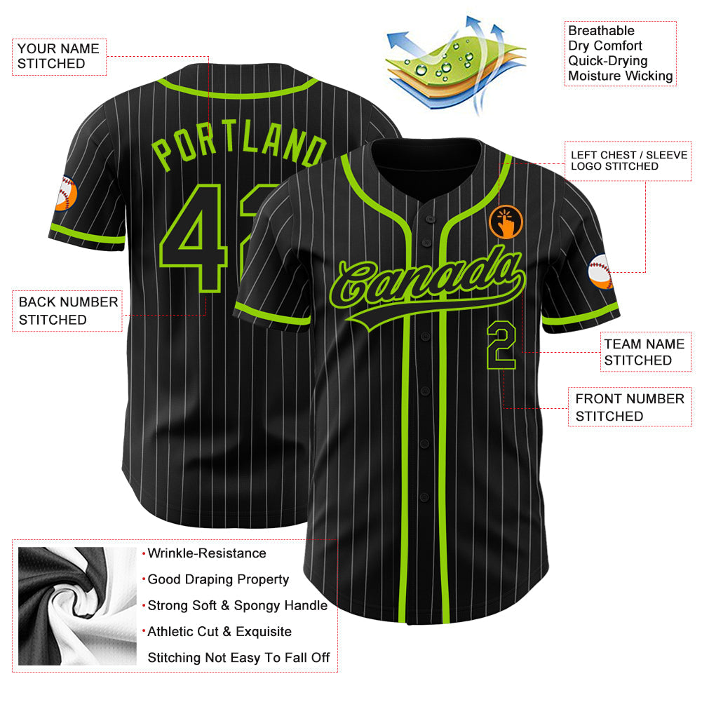 Custom Black White Pinstripe Black-Neon Green Authentic Baseball Jersey - Sky-Custom