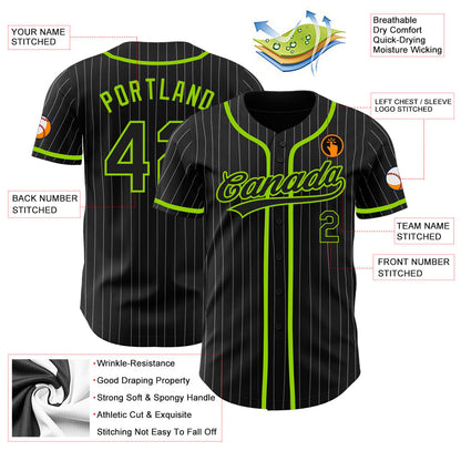 Custom Black White Pinstripe Black-Neon Green Authentic Baseball Jersey - Sky-Custom