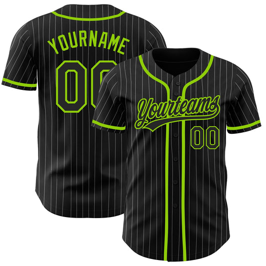 Custom Black White Pinstripe Black-Neon Green Authentic Baseball Jersey - Sky-Custom