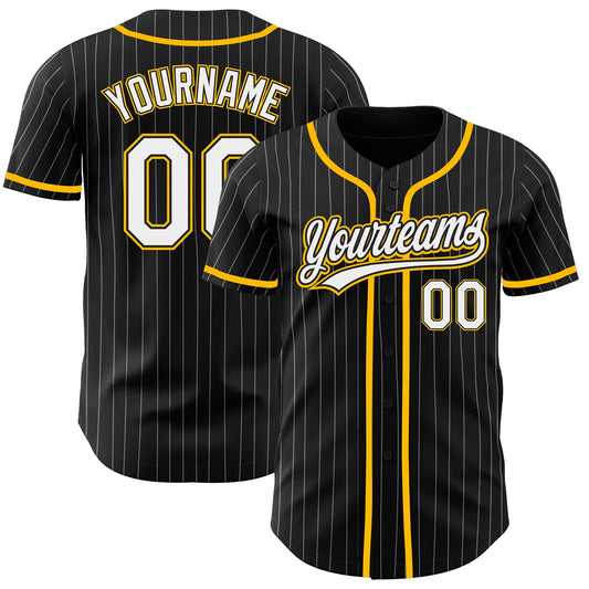 Custom Black White Pinstripe White-Gold Authentic Baseball Jersey - Sky-Custom