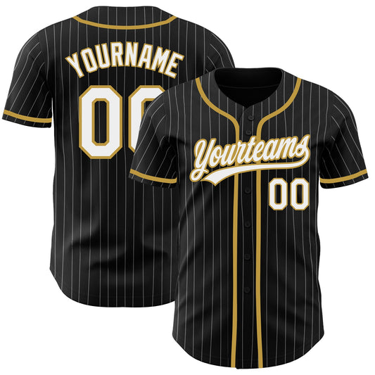 Custom Black White Pinstripe White-Old Gold Authentic Baseball Jersey - Sky-Custom