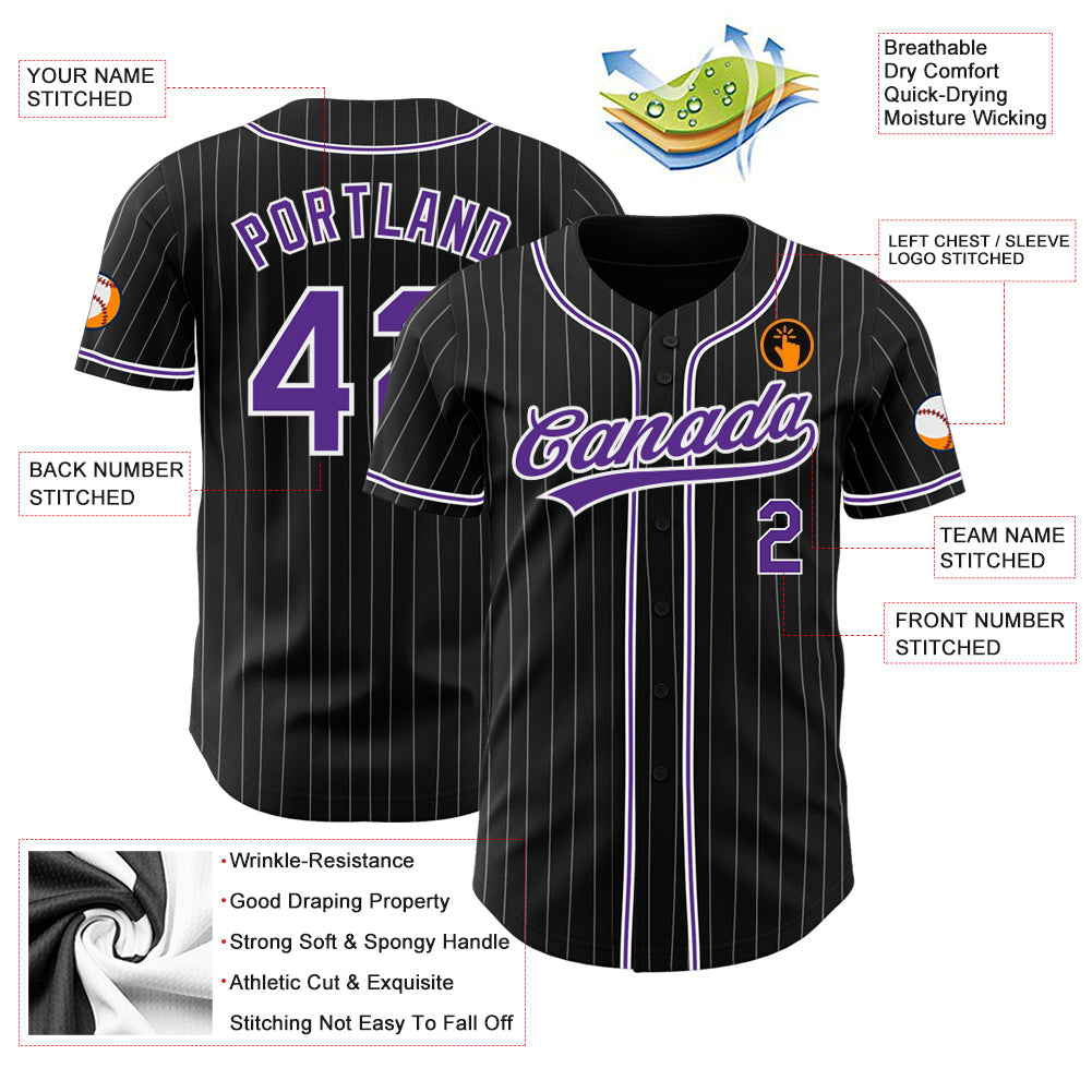 Custom Black White Pinstripe Purple Authentic Baseball Jersey - Sky-Custom