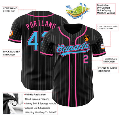 Custom Black White Pinstripe Sky Blue-Pink Authentic Baseball Jersey - Sky-Custom