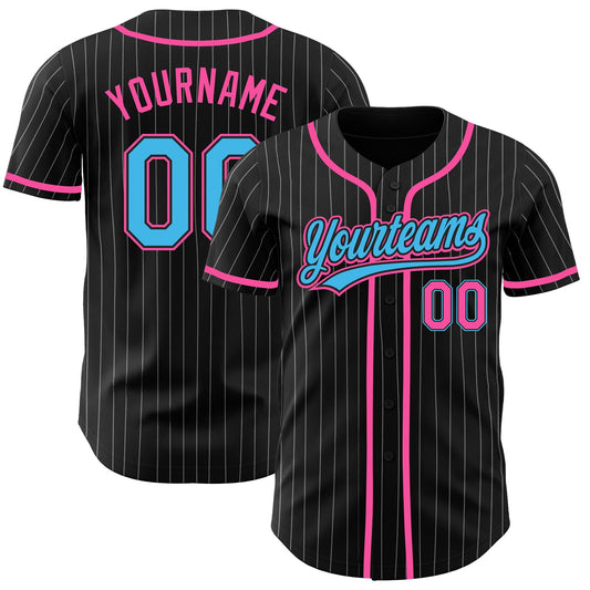 Custom Black White Pinstripe Sky Blue-Pink Authentic Baseball Jersey - Sky-Custom