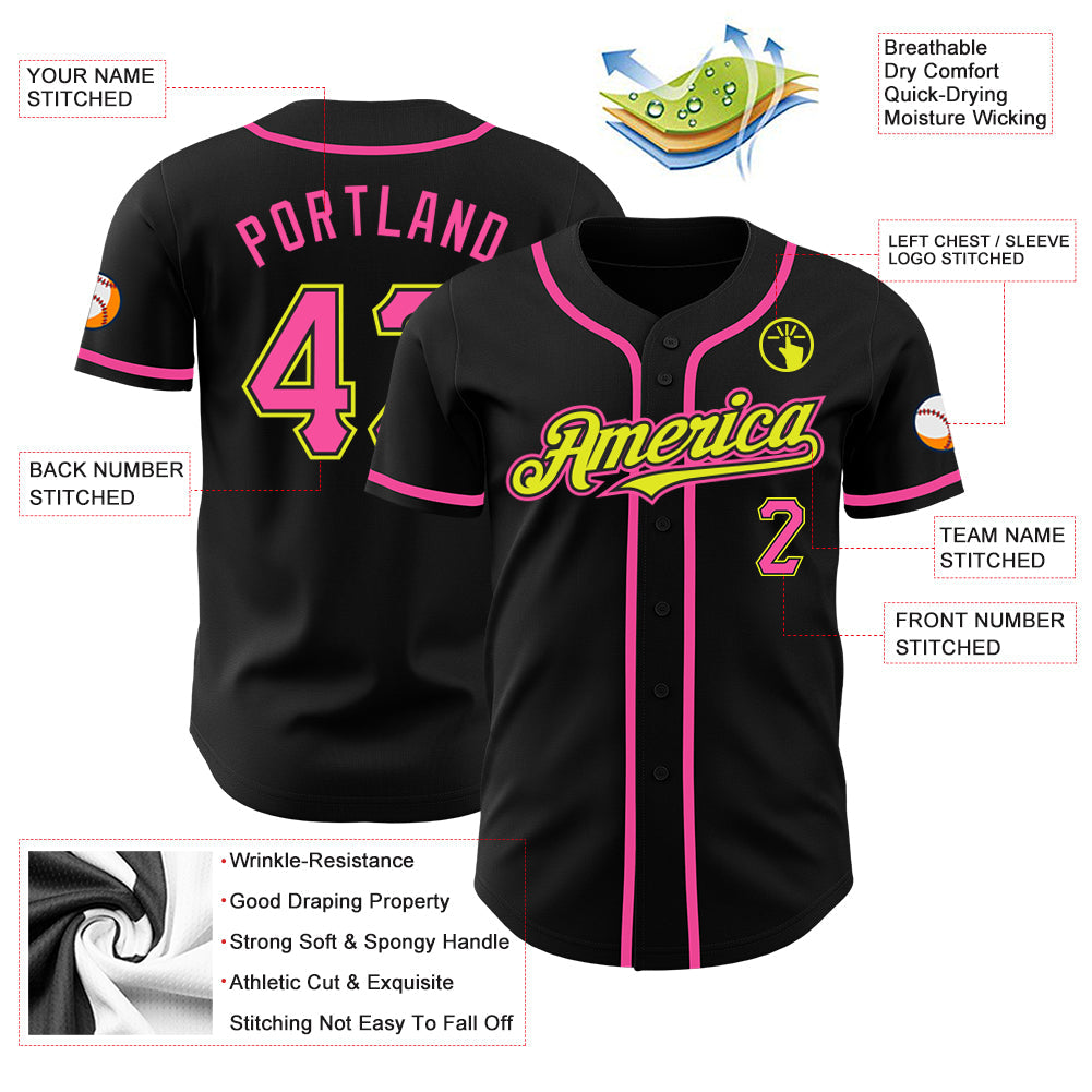 Custom Black Pink-Neon Yellow Authentic Baseball Jersey - Sky-Custom