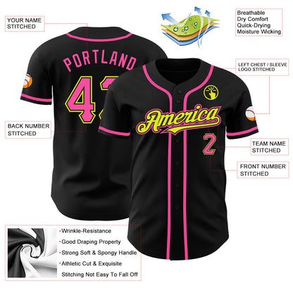 Custom Black Pink-Neon Yellow Authentic Baseball Jersey - Sky-Custom