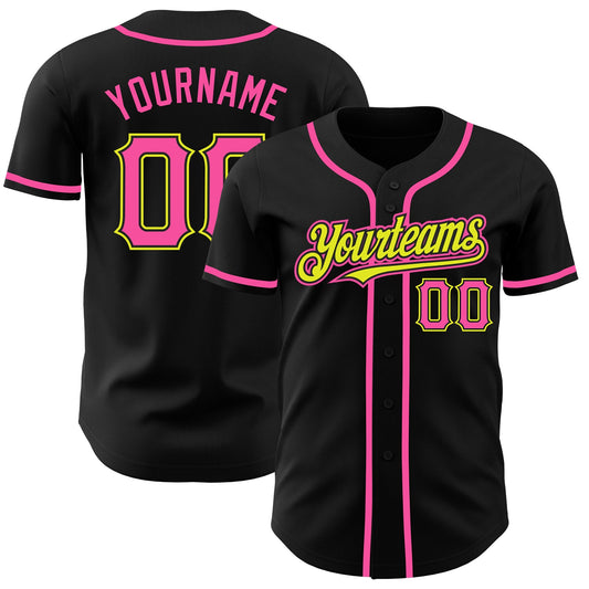 Custom Black Pink-Neon Yellow Authentic Baseball Jersey - Sky-Custom
