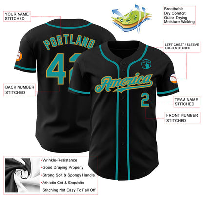 Custom Black Teal-Old Gold Authentic Baseball Jersey - Sky-Custom