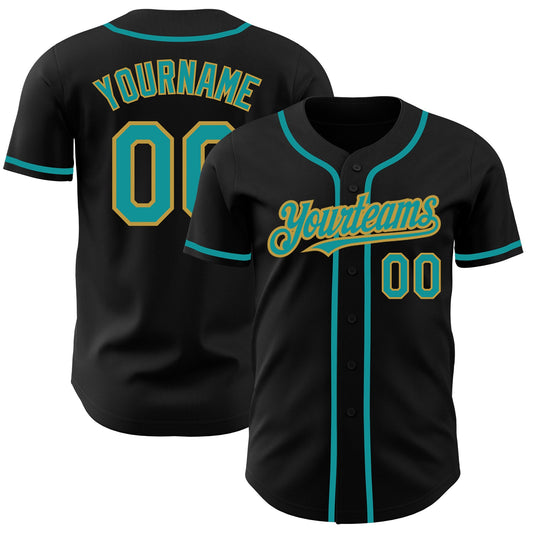 Custom Black Teal-Old Gold Authentic Baseball Jersey - Sky-Custom