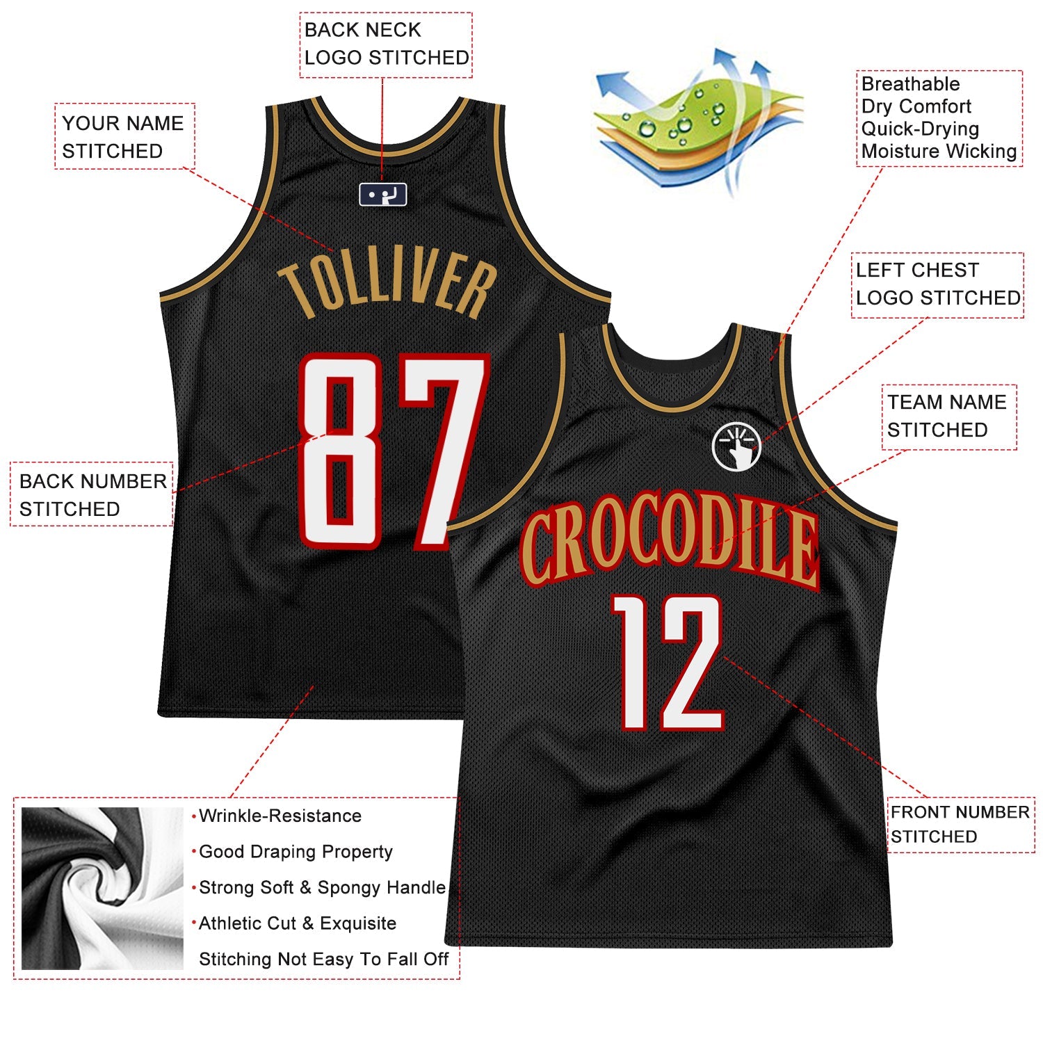Custom Black White Red-Old Gold Authentic Throwback Basketball Jersey - Sky-Custom