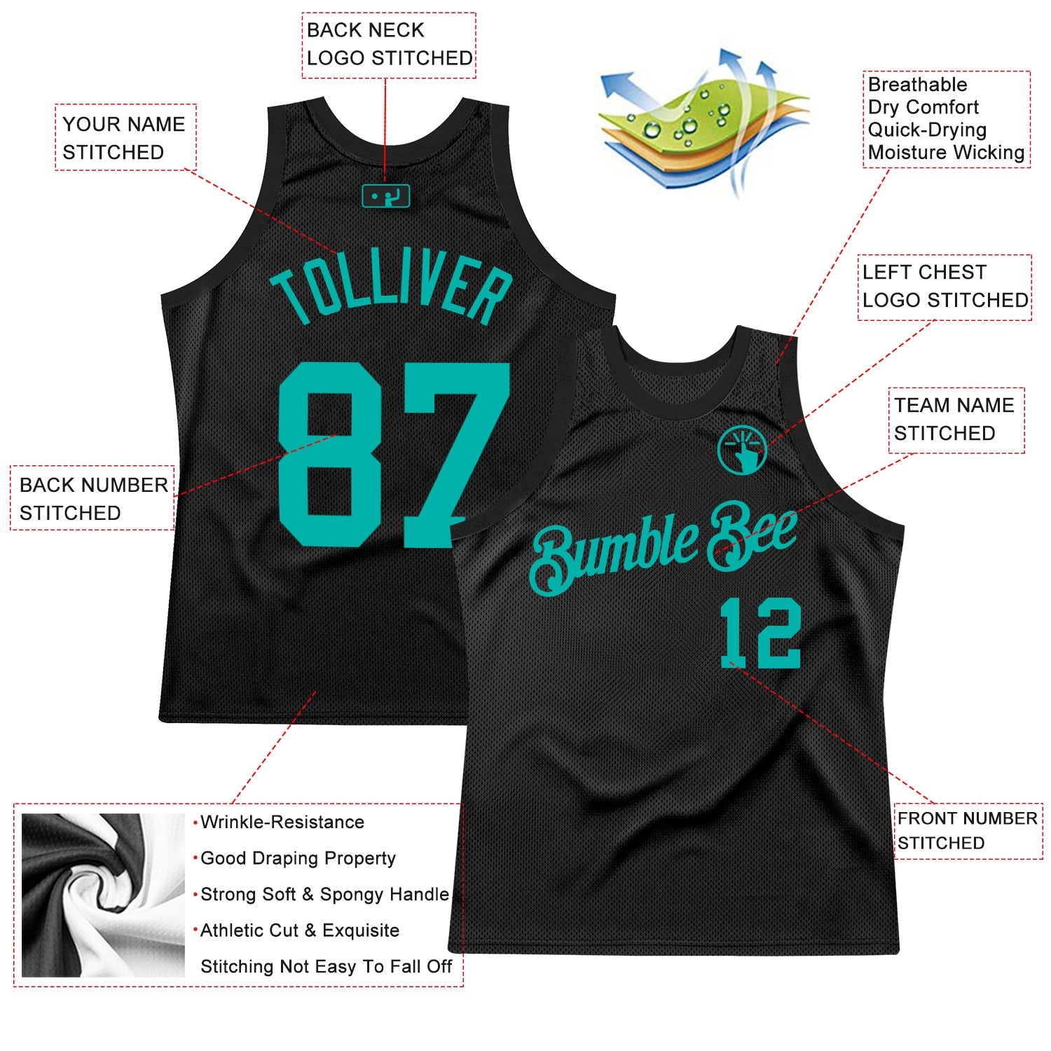 Custom Black Aqua Authentic Throwback Basketball Jersey - Sky-Custom