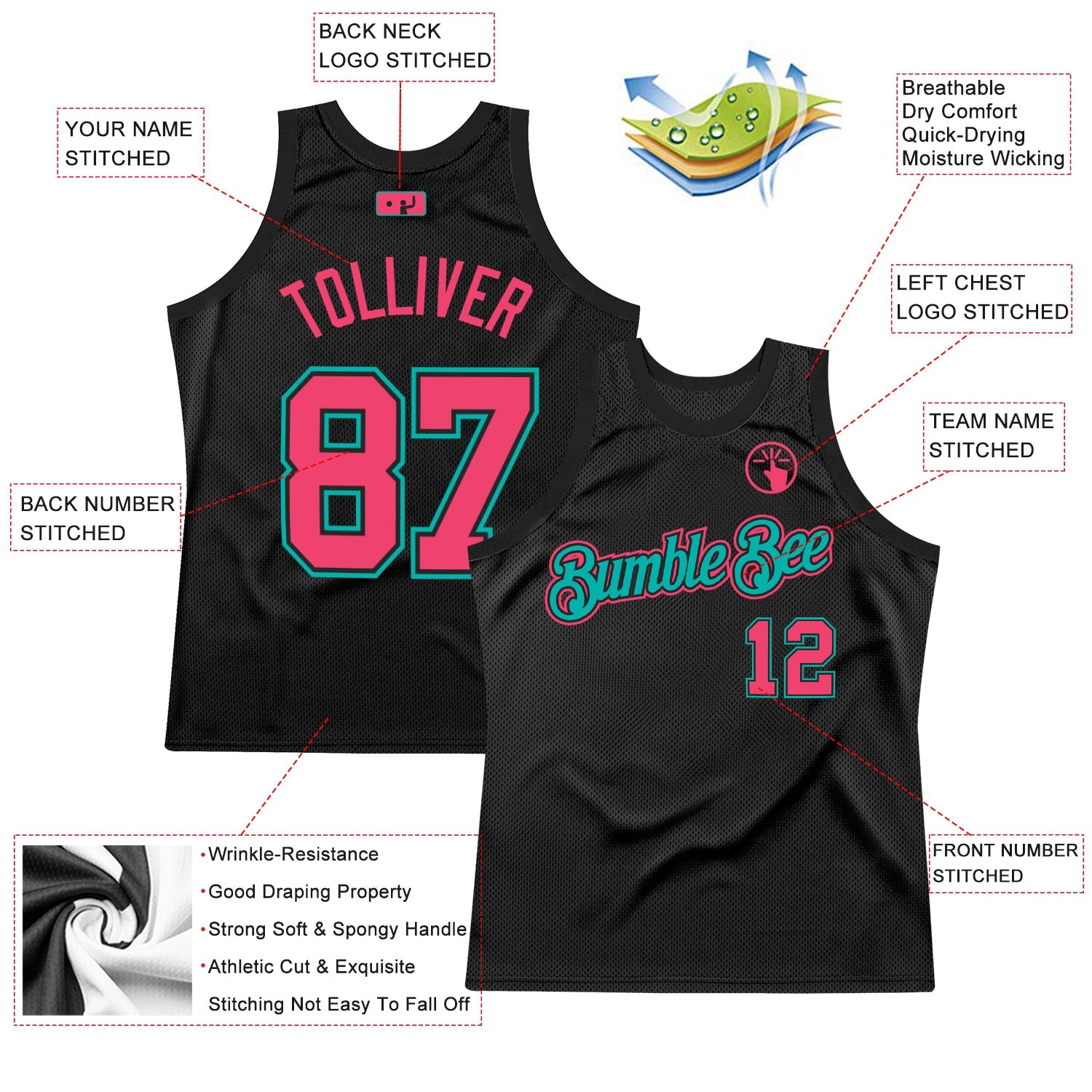 Custom Black Neon Pink-Aqua Authentic Throwback Basketball Jersey - Sky-Custom