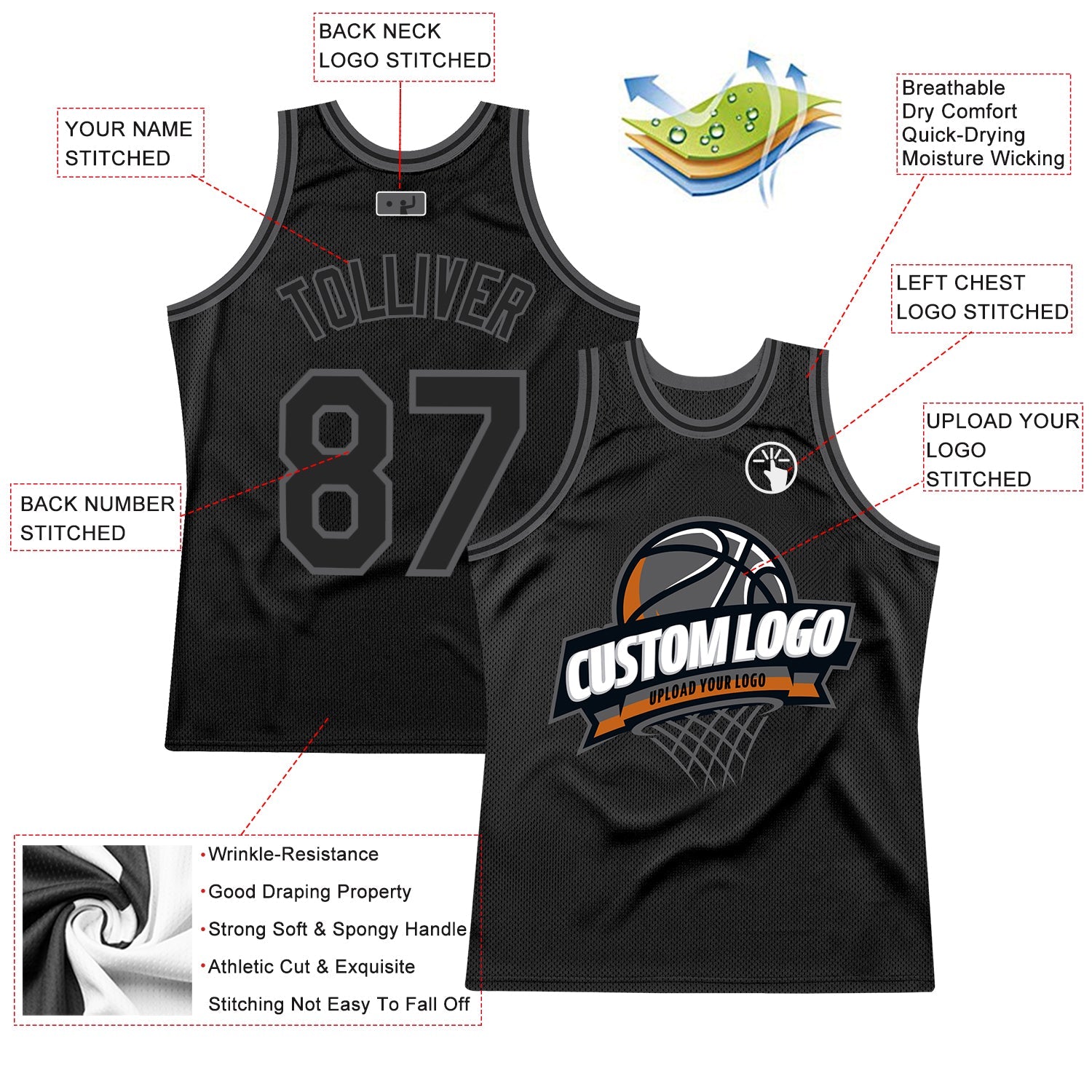 Custom Black Steel Gray Authentic Throwback Basketball Jersey - Sky-Custom