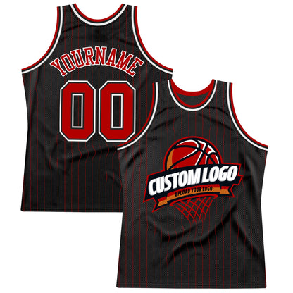 Custom Black Red Pinstripe White Authentic Basketball Jersey - Sky-Custom