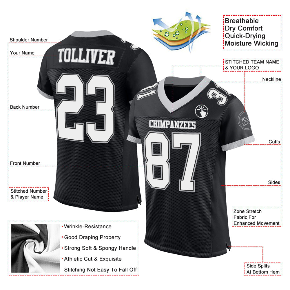 Custom Black White-Gray Mesh Authentic Football Jersey - Sky-Custom
