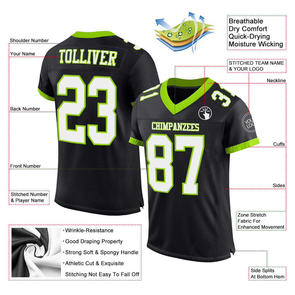Custom Black White-Neon Green Mesh Authentic Football Jersey - Sky-Custom