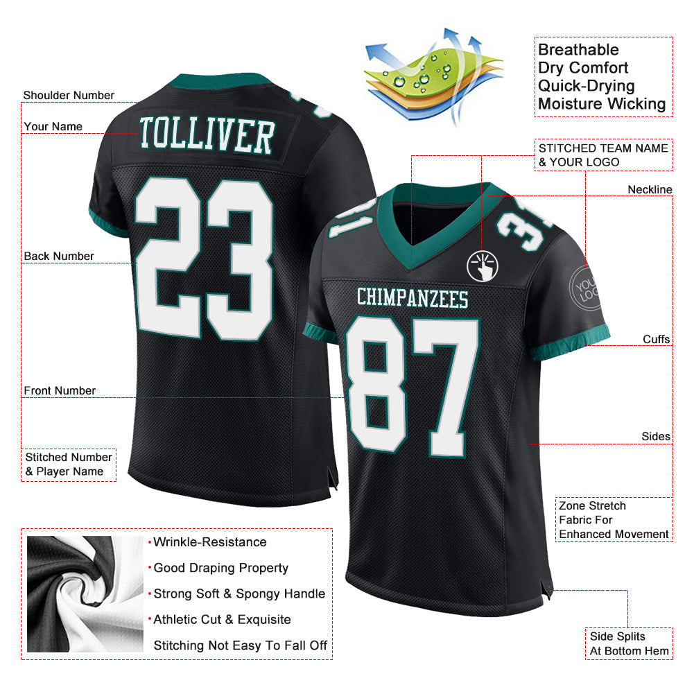Custom Black White-Midnight Green Mesh Authentic Football Jersey - Sky-Custom