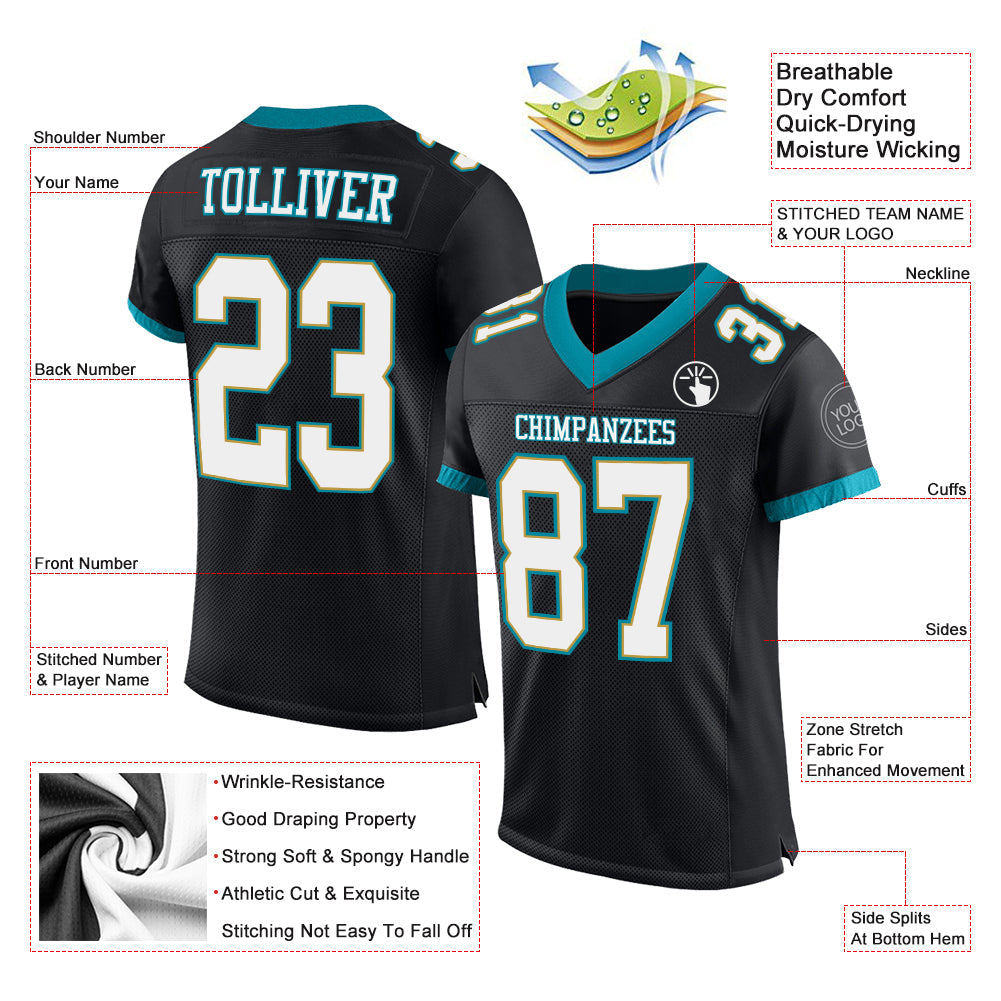 Custom Black White-Teal Mesh Authentic Football Jersey - Sky-Custom