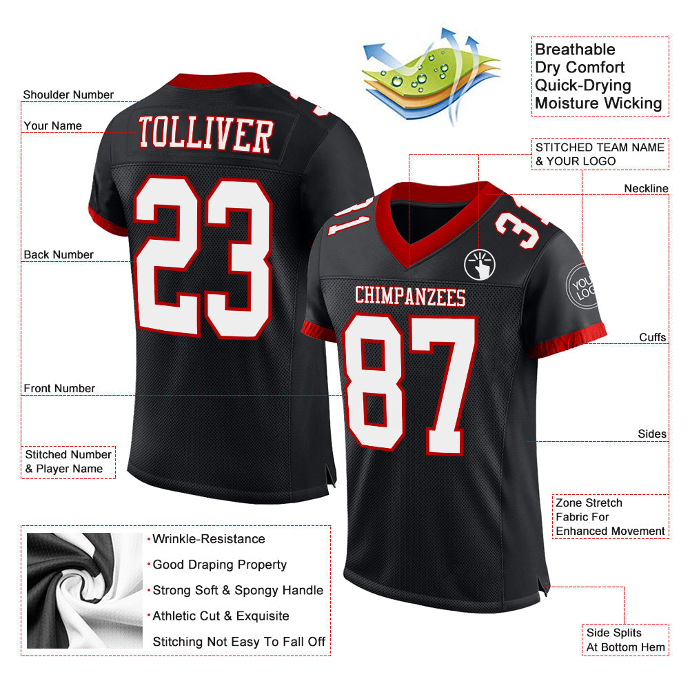 Custom Black White-Red Mesh Authentic Football Jersey - Sky-Custom