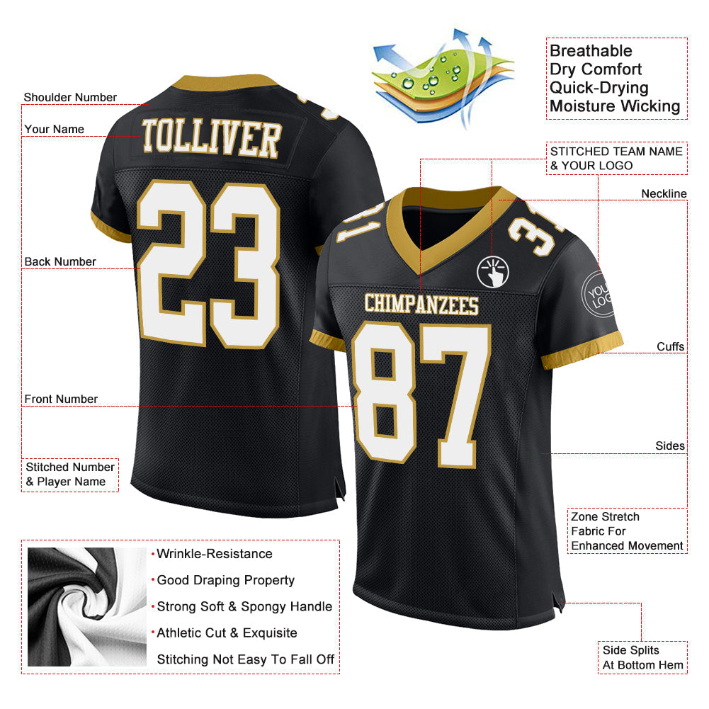 Custom Black White-Old Gold Mesh Authentic Football Jersey - Sky-Custom
