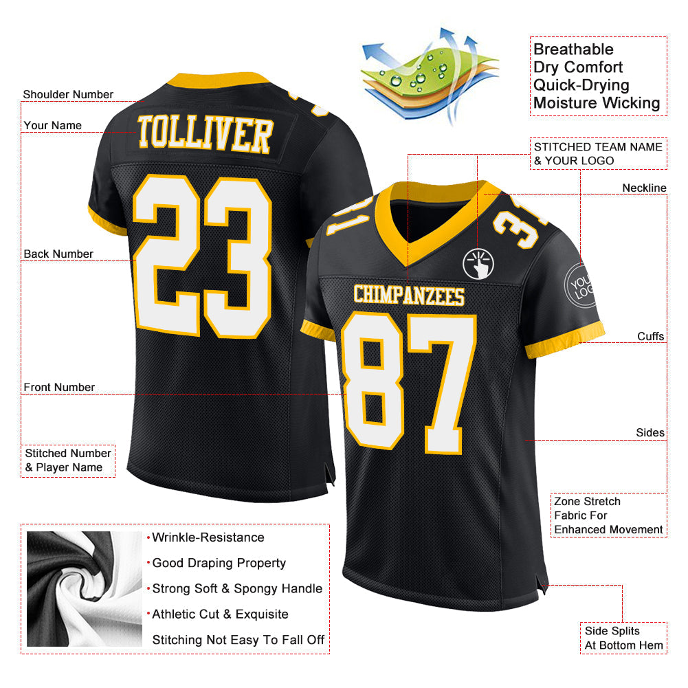 Custom Black White-Gold Mesh Authentic Football Jersey - Sky-Custom