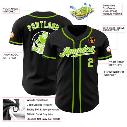 Custom Black Neon Green-White Authentic Baseball Jersey - Sky-Custom