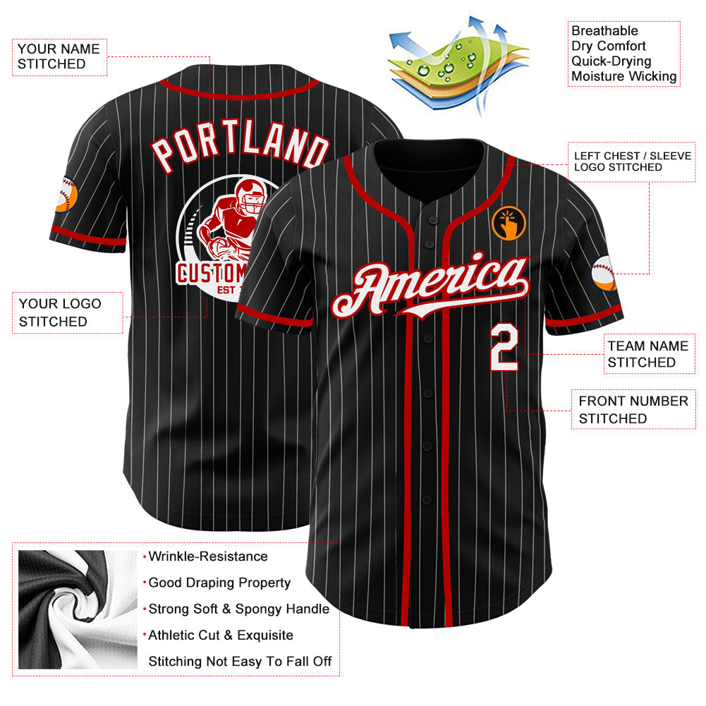 Custom Black White Pinstripe Red Authentic Baseball Jersey - Sky-Custom