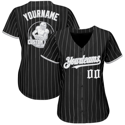 Custom Black Gray Pinstripe White Authentic Baseball Jersey - Sky-Custom