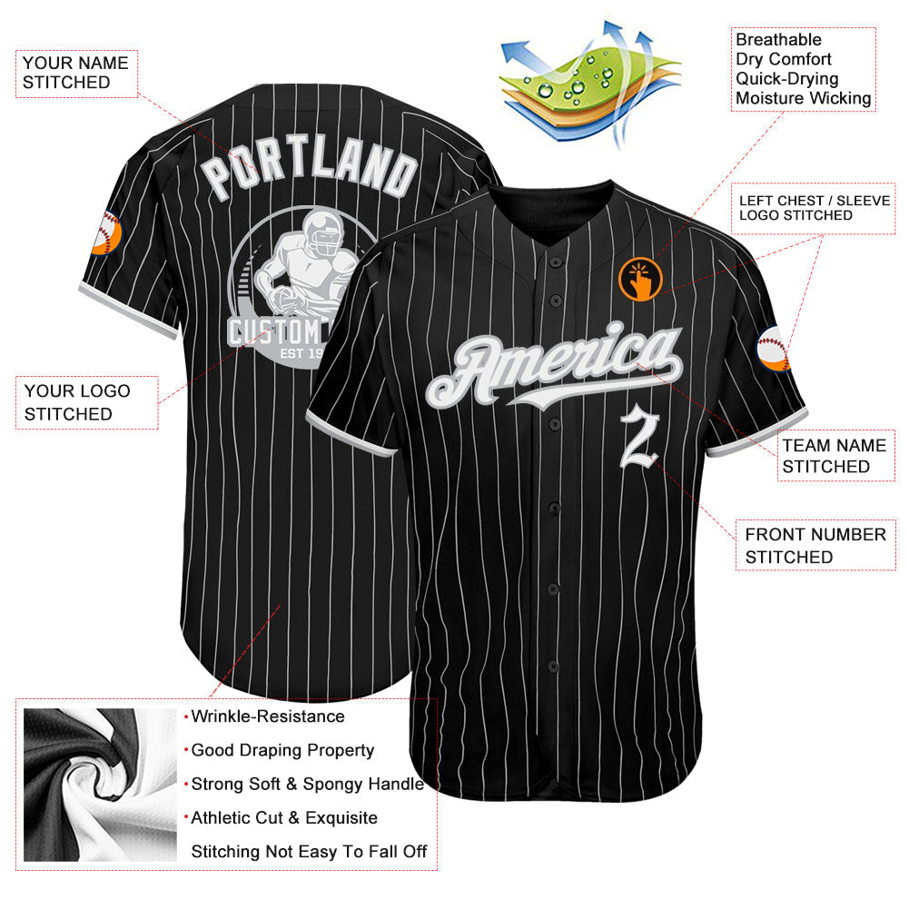 Custom Black Gray Pinstripe White Authentic Baseball Jersey - Sky-Custom
