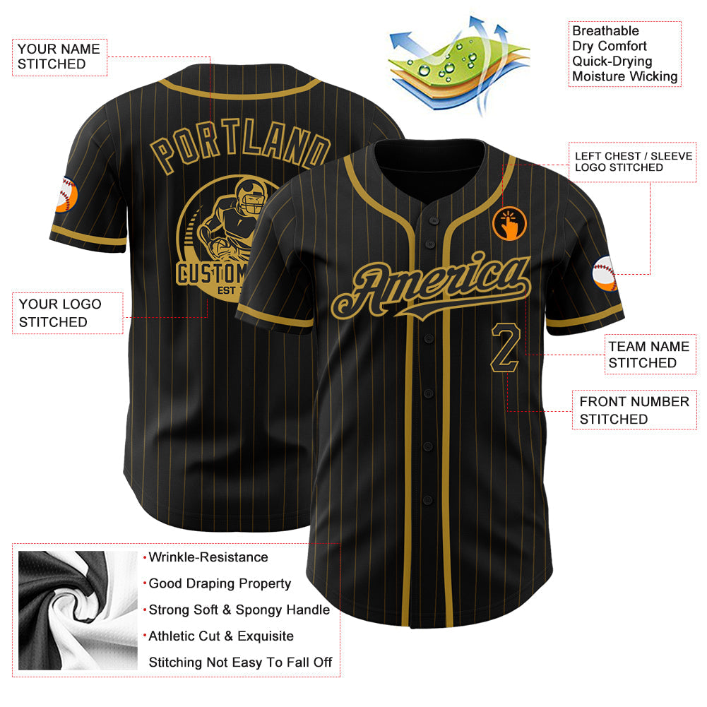 Custom Black Old Gold Pinstripe Old Gold Authentic Baseball Jersey - Sky-Custom