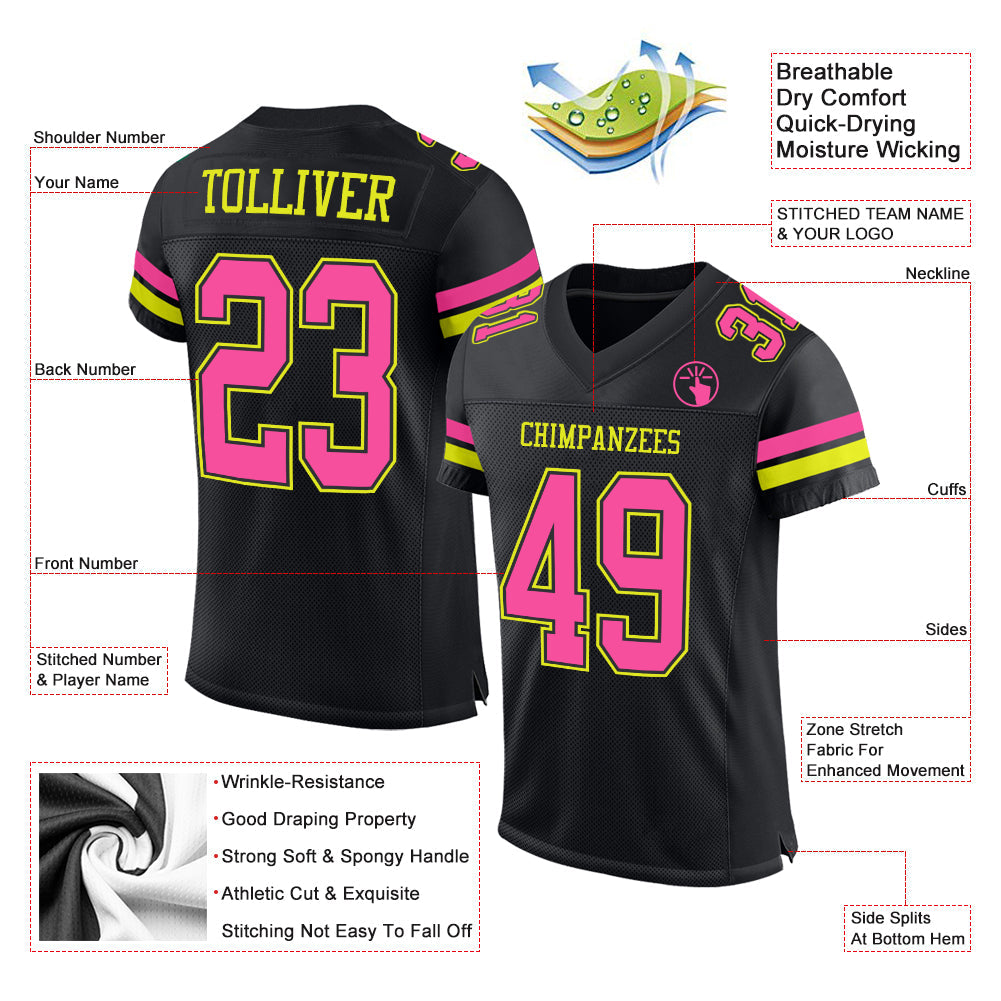 Custom Black Pink-Neon Yellow Mesh Authentic Football Jersey - Sky-Custom