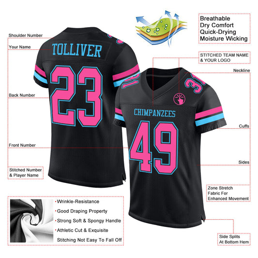 Custom Black Pink-Sky Blue Mesh Authentic Football Jersey - Sky-Custom