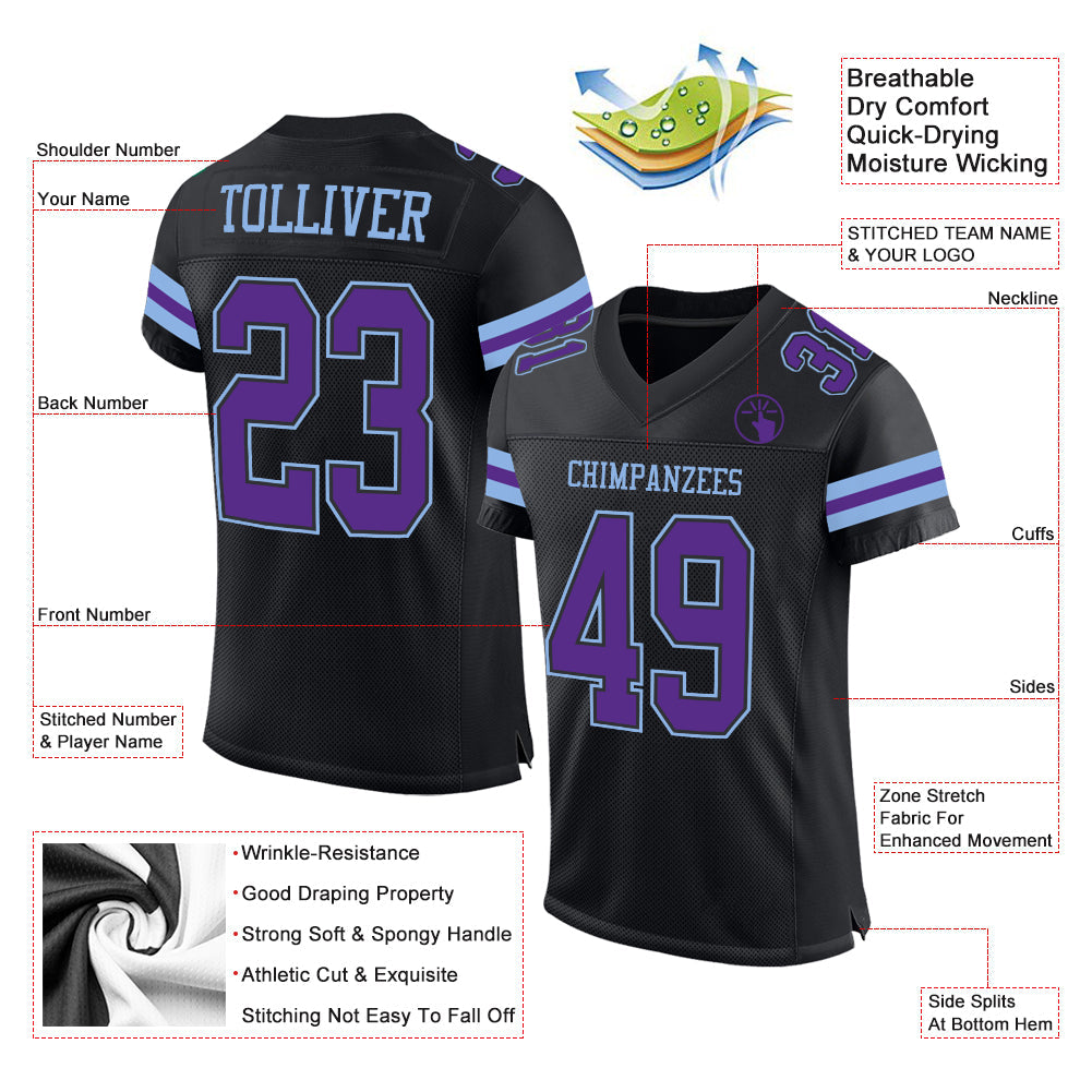 Custom Black Purple-Light Blue Mesh Authentic Football Jersey - Sky-Custom