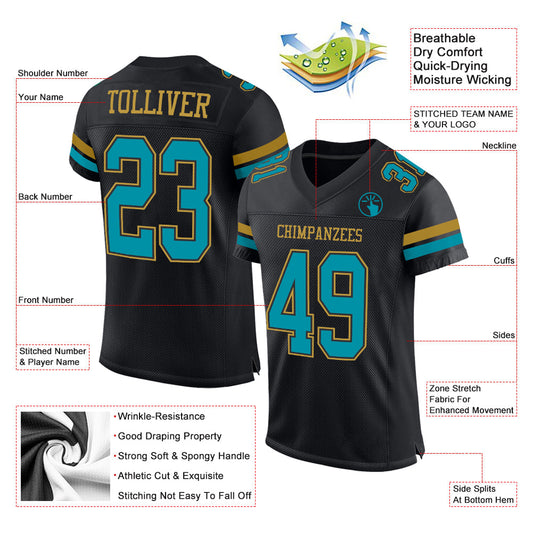 Custom Black Teal-Old Gold Mesh Authentic Football Jersey - Sky-Custom