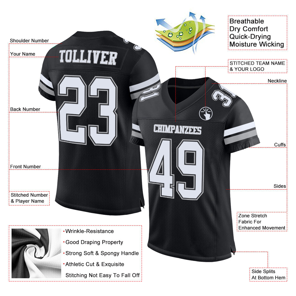 Custom Black White-Gray Mesh Authentic Football Jersey - Sky-Custom