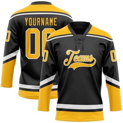 Custom Black Gold-White Hockey Lace Neck Jersey - Sky-Custom