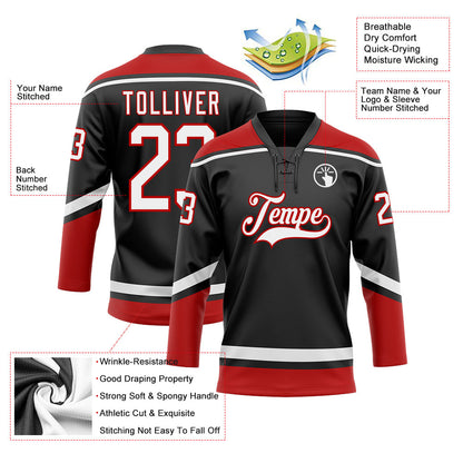 Custom Black White-Red Hockey Lace Neck Jersey - Sky-Custom