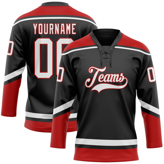 Custom Black White-Red Hockey Lace Neck Jersey - Sky-Custom