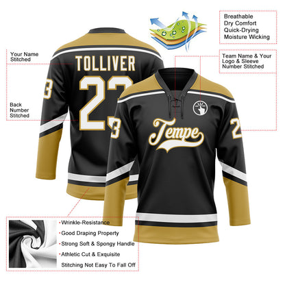 Custom Black White-Old Gold Hockey Lace Neck Jersey - Sky-Custom