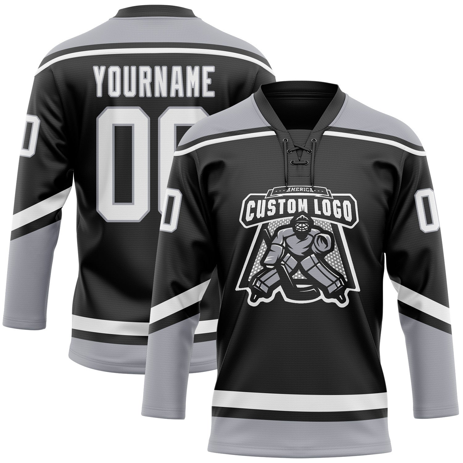 Custom Black White-Gray Hockey Lace Neck Jersey - Sky-Custom