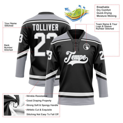 Custom Black White-Gray Hockey Lace Neck Jersey - Sky-Custom