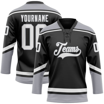 Custom Black White-Gray Hockey Lace Neck Jersey - Sky-Custom